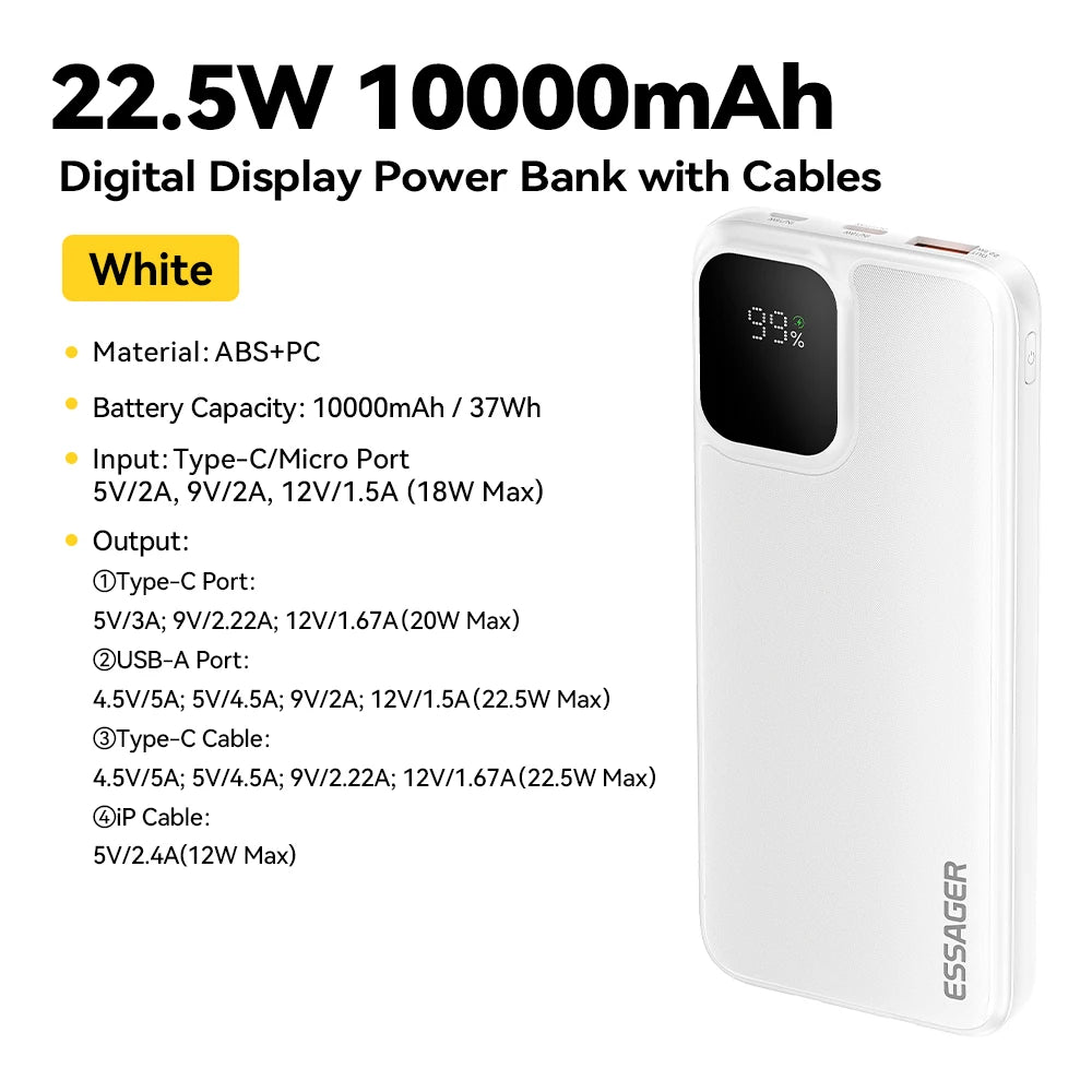 Essager 20000mAh Portable Power Bank with Dual Built-In Cables - Fast 22.5W Charging for iPhone 16, 15 Pro & Xiaomi