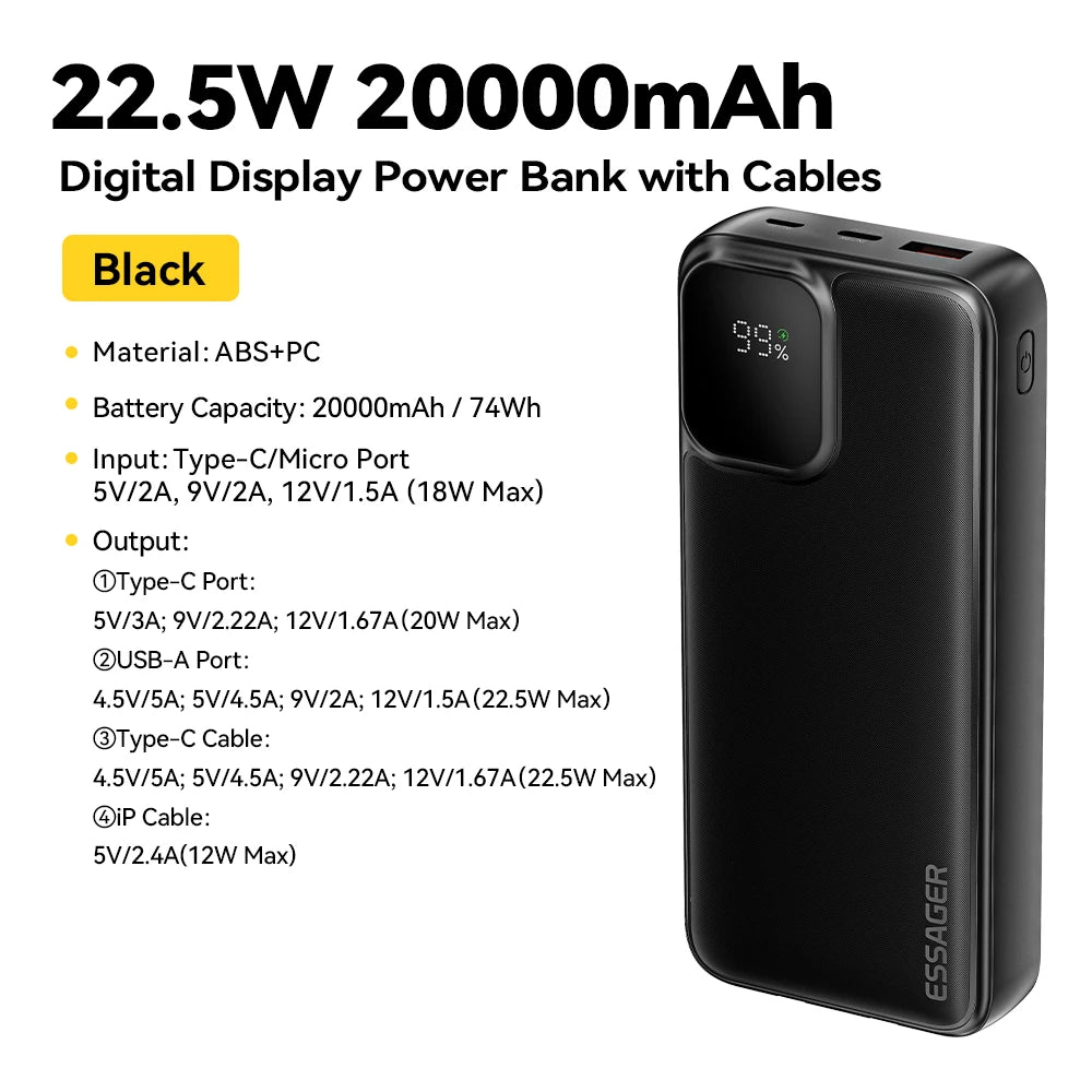 Essager 20000mAh Portable Power Bank with Dual Built-In Cables - Fast 22.5W Charging for iPhone 16, 15 Pro & Xiaomi