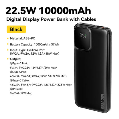 Essager 20000mAh Portable Power Bank with Dual Built-In Cables - Fast 22.5W Charging for iPhone 16, 15 Pro & Xiaomi