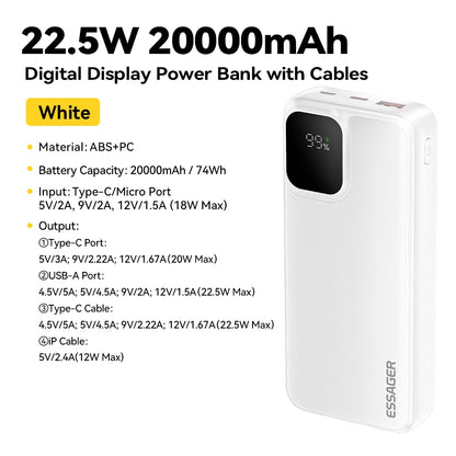 Essager 20000mAh Portable Power Bank with Dual Built-In Cables - Fast 22.5W Charging for iPhone 16, 15 Pro & Xiaomi