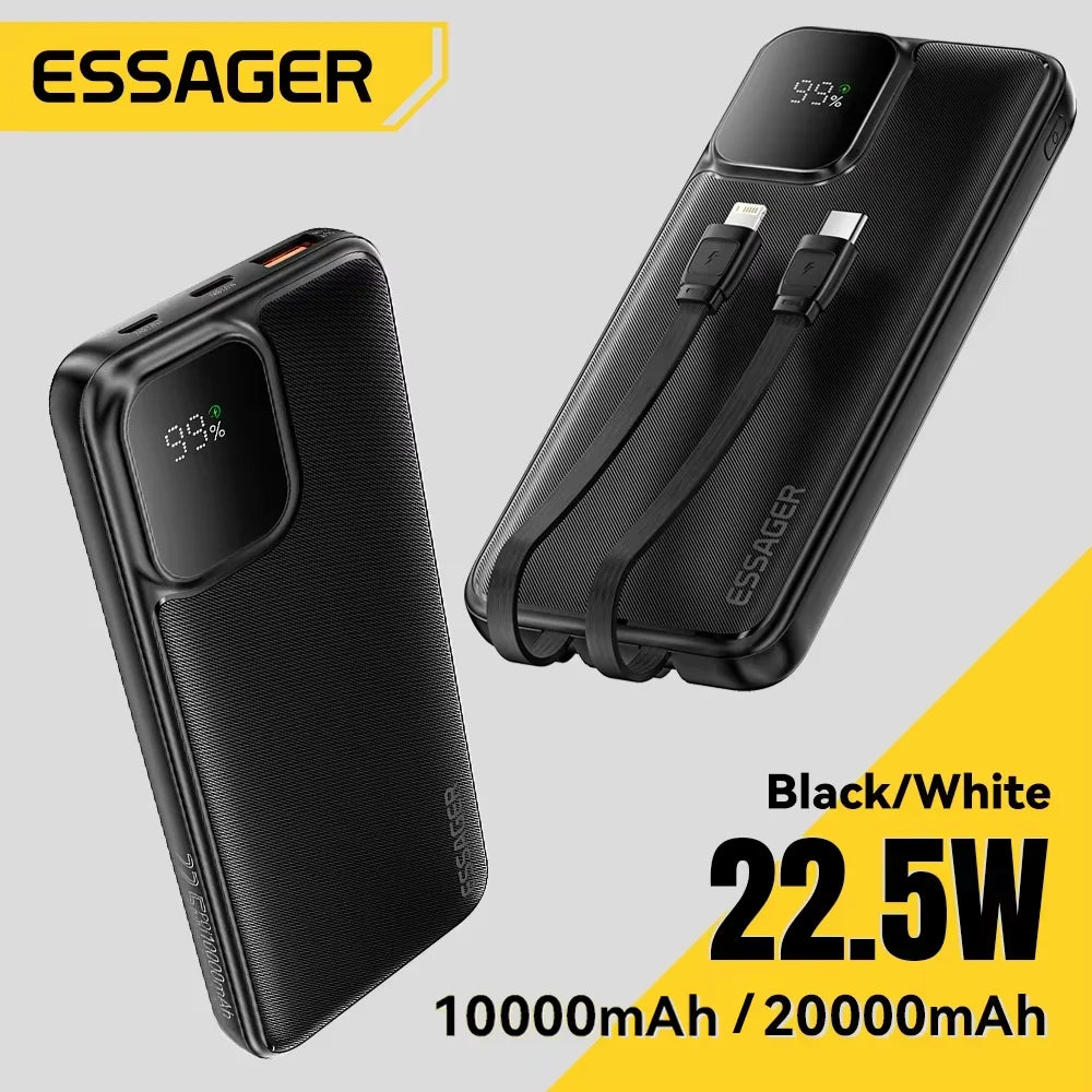 Essager 20000mAh Portable Power Bank with Dual Built-In Cables - Fast 22.5W Charging for iPhone 16, 15 Pro & Xiaomi