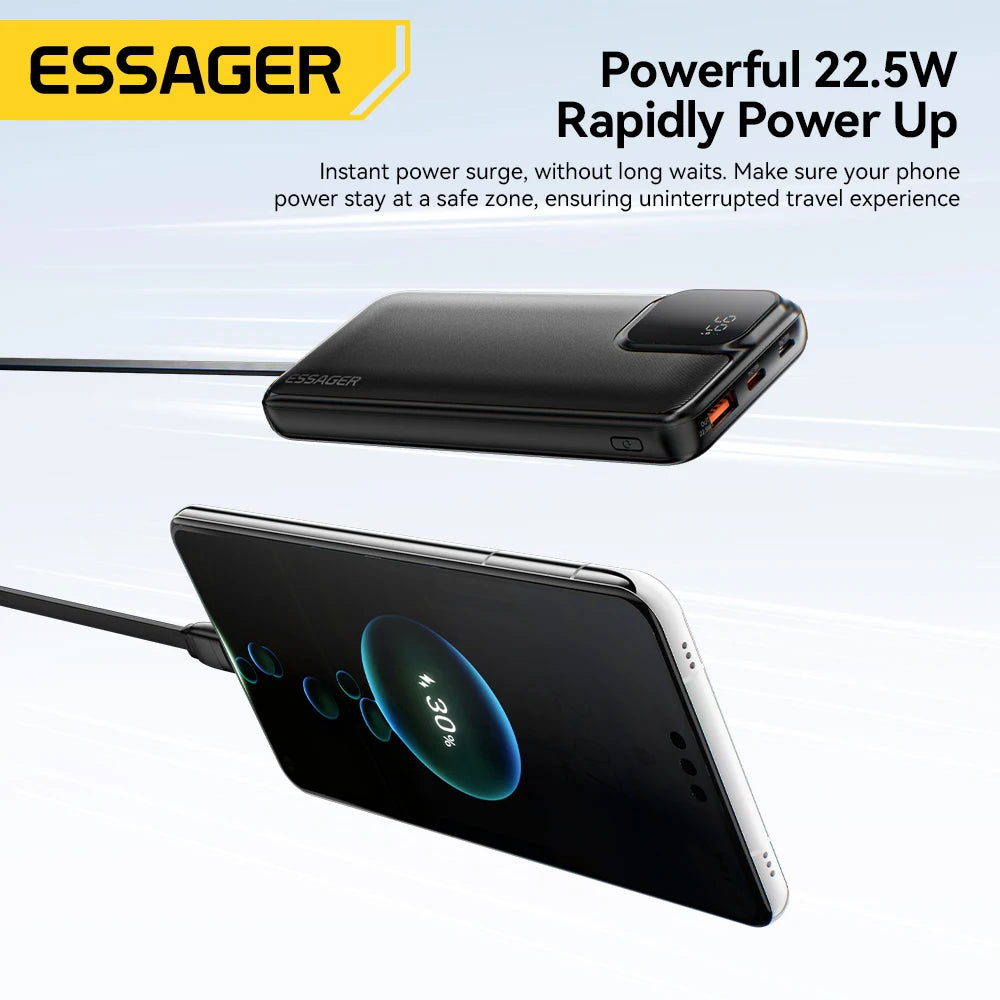 Essager 20000mAh Portable Power Bank with Dual Built-In Cables - Fast 22.5W Charging for iPhone 16, 15 Pro & Xiaomi