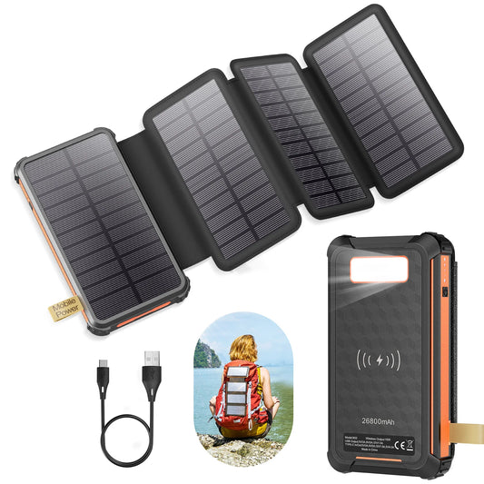 Power Up Your Adventures with the PD 22.5 W Solar Power Bank - 26,800 mAh Fast Charger with 3 Outputs and 4 Foldable Solar Panels!