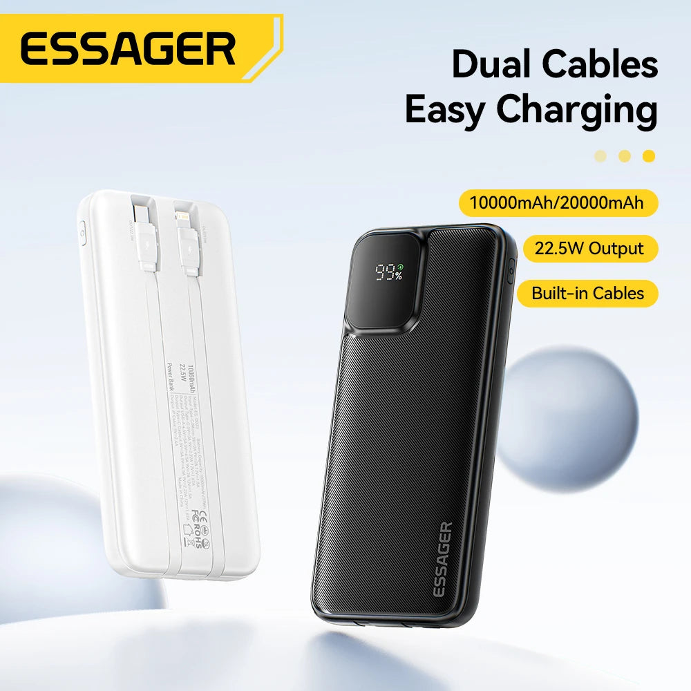Essager 20000mAh Portable Power Bank with Dual Built-In Cables - Fast 22.5W Charging for iPhone 16, 15 Pro & Xiaomi