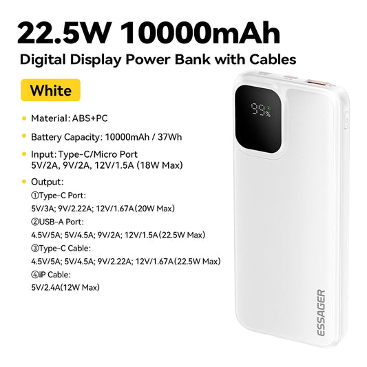 Essager 20000mAh Portable Power Bank with Dual Built-In Cables - Fast 22.5W Charging for iPhone 16, 15 Pro & Xiaomi
