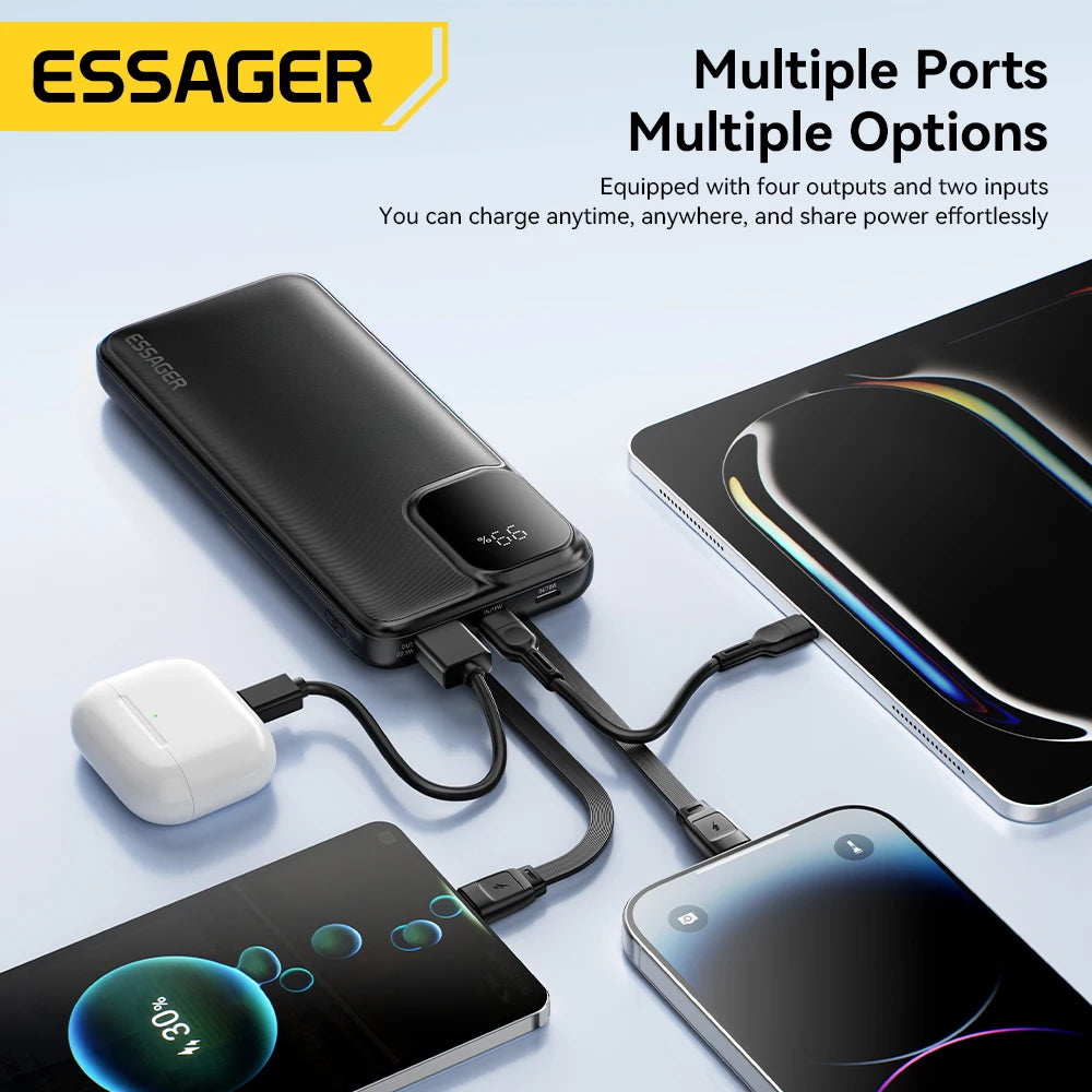 Essager 20000mAh Portable Power Bank with Dual Built-In Cables - Fast 22.5W Charging for iPhone 16, 15 Pro & Xiaomi