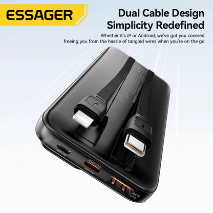 Essager 20000mAh Portable Power Bank with Dual Built-In Cables - Fast 22.5W Charging for iPhone 16, 15 Pro & Xiaomi